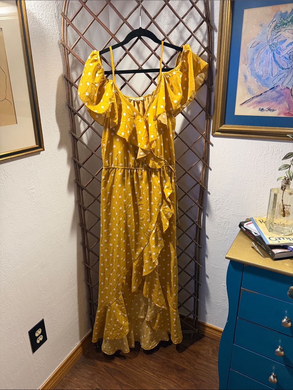Yellow Polka Dot Asymmetrical Ruffle Maxi Dress - Women